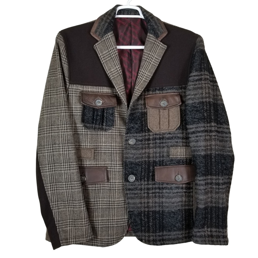 Desigual Patchwork Blazer Men 56 Grey Brown Plaid Faux Leather Trim 18E1931
